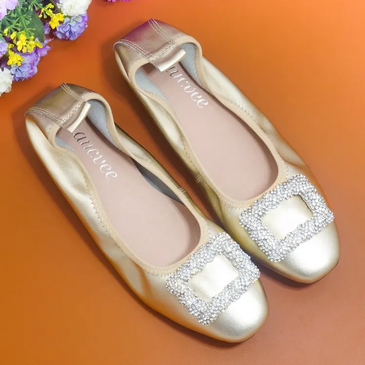 Handmade 100% Genuine Leather Women Shoes Simple style Footwear Women soft Cowhide Loafer Crystal Buckle Lady  Ballet Flat Shoes (2)
