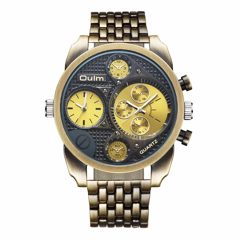 

Oulm 9316 Vintage Wrist Watch Men Analog Quartz Dial Dual Time Round Dial Steel Watchband Military Analog Wristwatch