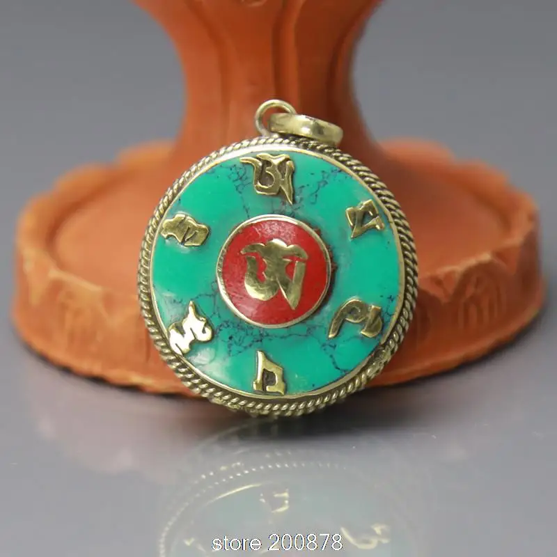 

TGB218 Tibetan OM MANI PADME HUM Amulets Round Prayer Box Gau 30mm Tibet Copper Inlaid Stone Pendants Wholesale Hand Jewel