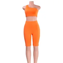 Женские модные повседневные одноплечные пупочные флуоресцентные два предмета сексуальный короткий комплект из двух частей укороченные топы и байкерские шорты для женщин