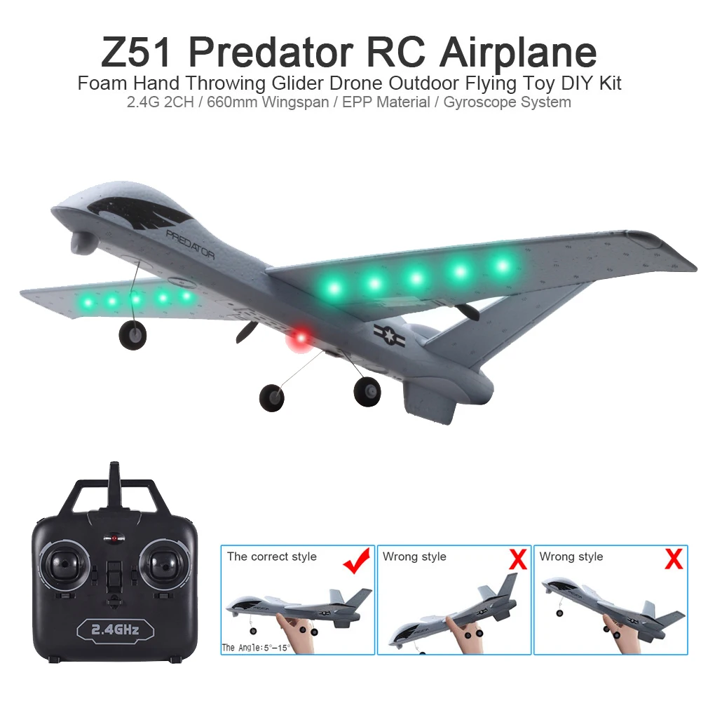

Z51 2.4Ghz RC Airplane with LED Flying Aircraft EPP Foam Hand Throwing Wingspan Glider Plane 20 Minutes Fligt Time RTF Kids Toys