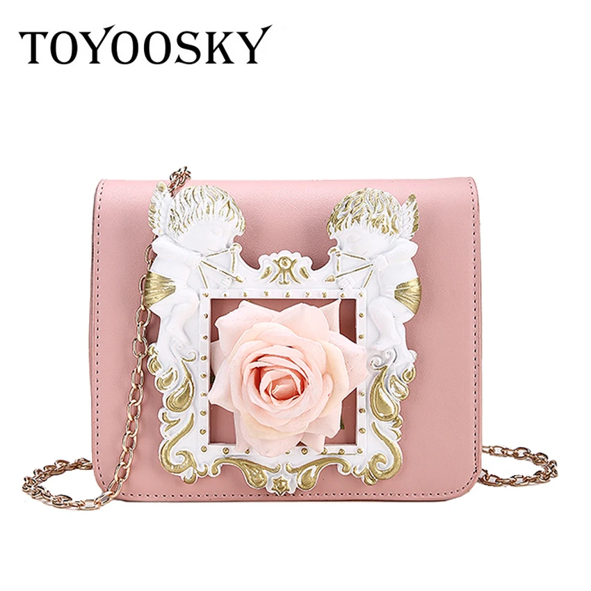 

TOYOOSKY New Female Chain Small Frame Handbag Women Embroidery Diamond Red Rose Novel Personality PU Leather High Quality Clutch