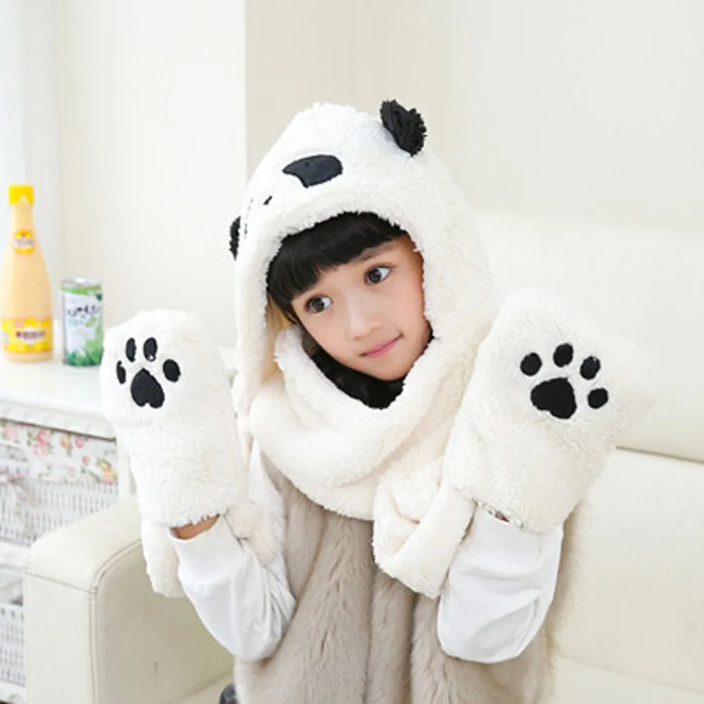 

cycling gloves winter thermal Ladies Faux Fur Winter Warm Fluffy Hood Scarf Hat Snood Pocket Hats Gloves Panda guantes mujer inv