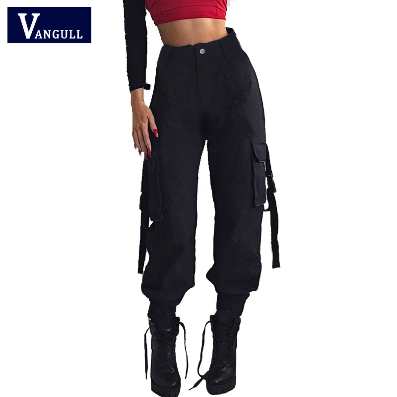 Vangull noir taille haute Cargo pantalon femmes poches Patchwork lâche Streetwear crayon pantalon 2019 mode Hip Hop femmes pantalon