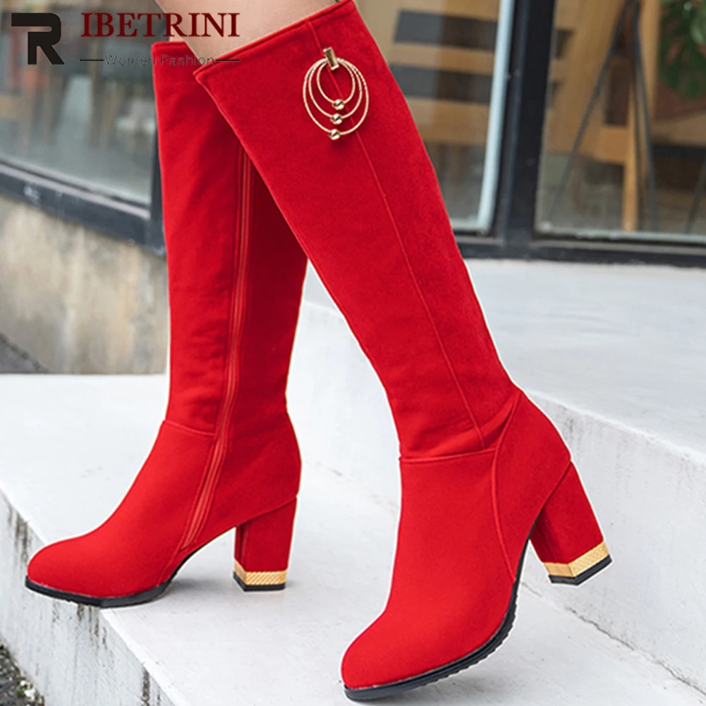 

RIBETRINI 2019 Large Size 32-43 Zip Up Casual Shoes Woman Boots Female Chunky Heels Black Red Mid Calf Boots Women Shoes Woman