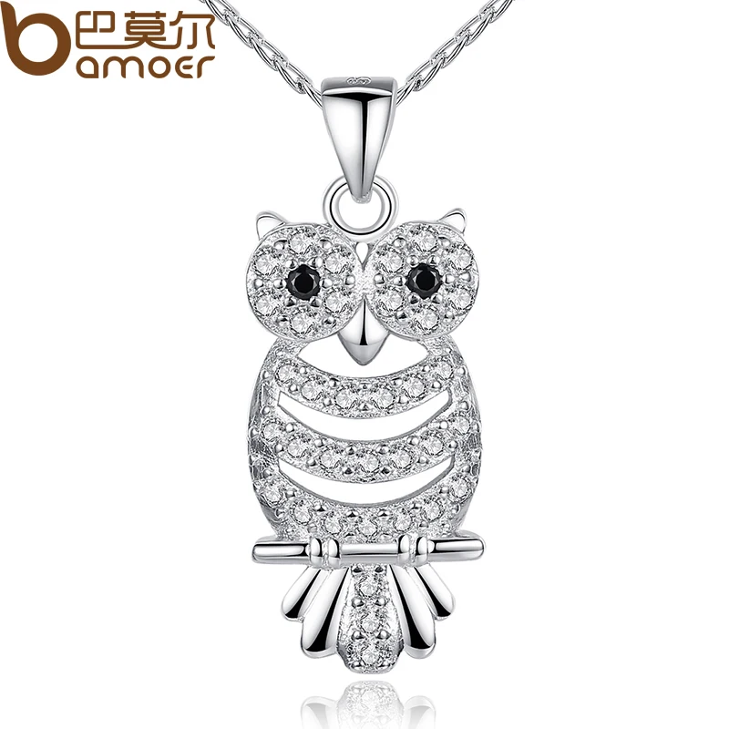 

BAMOER Retro Owl Pendant Necklace with AAA Austrian Zircon White Gold Color Women Clothing Accessories YIN046