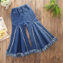 Детская джинсовая одежда с кисточками; джинсовые штаны с эластичной резинкой на талии; повседневные штаны с принтом для малышей; брюки для девочек; брюки для маленьких девочек и мальчиков