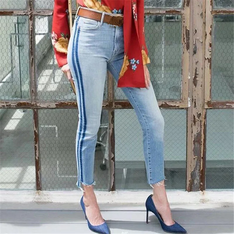 

2017 Summer Colored Stripe Blue Fringe Irregular Women Jeans Denim Skinny Pencil Pants High Waist Ankle-Length Trousers L1002