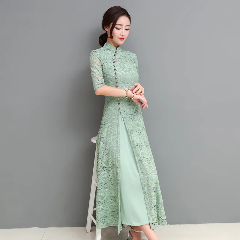 Платье-Чонсам в этническом стиле; кружевное женское платье aodai qipao