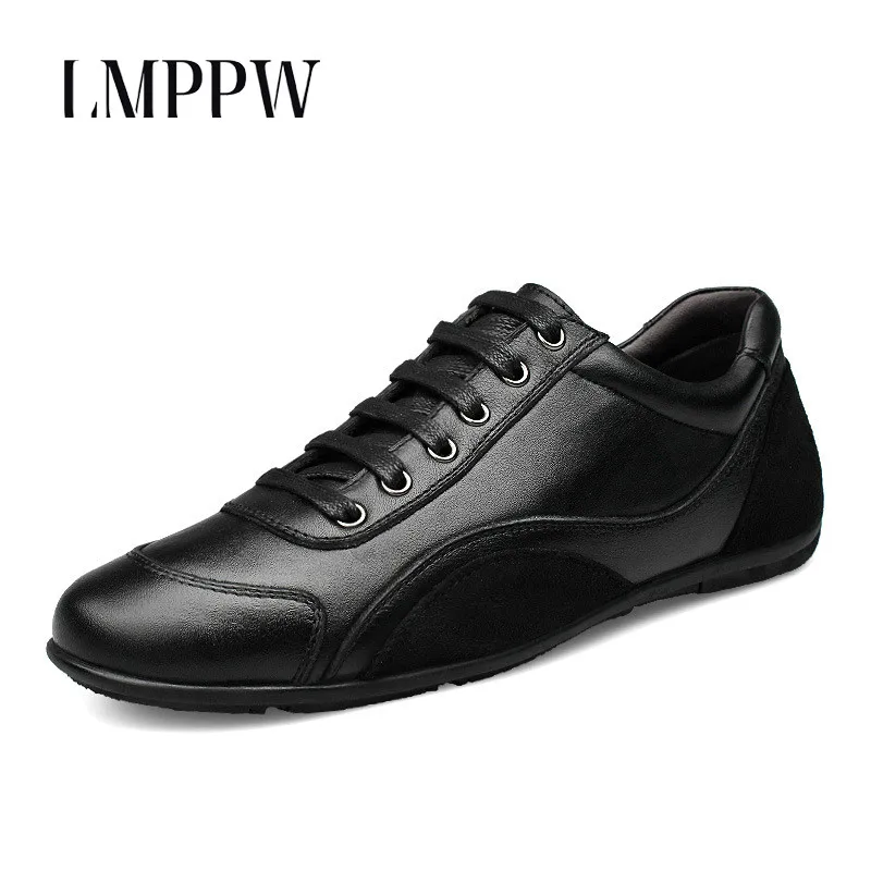 

Hot Sale 2018 Genuine Leather Men's Casual Shoes Wear Four Seasons Shoes Luxury Brand Male Low-top Flat Shoes Black Color 2.5