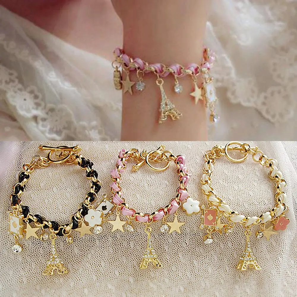 

Vienkim New Hot sell Fashion Jewelry Multielement Gold Chain Leather Rope Crystal Handmade Bracelet Eiffel Tower Star Pendant