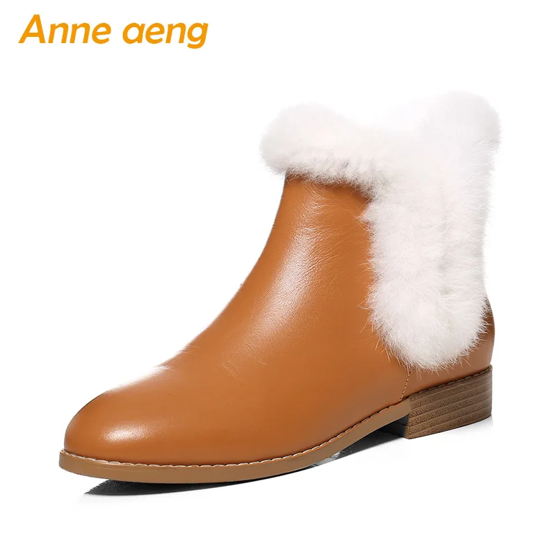 

2019 New Genuine Leather Women Winter Ankle Boots Rabbit Fur Low Heels Elegant Sexy Ladies Warm Snow Boots Khaki Women Shoes