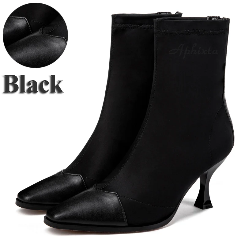 Aphixta/женские эластичные носки; ботинки в стиле пэчворк; женские ботильоны с острым носком; обувь из водонепроницаемого материала на тонком высоком каблуке; женские ботинки на молнии - Цвет: Black