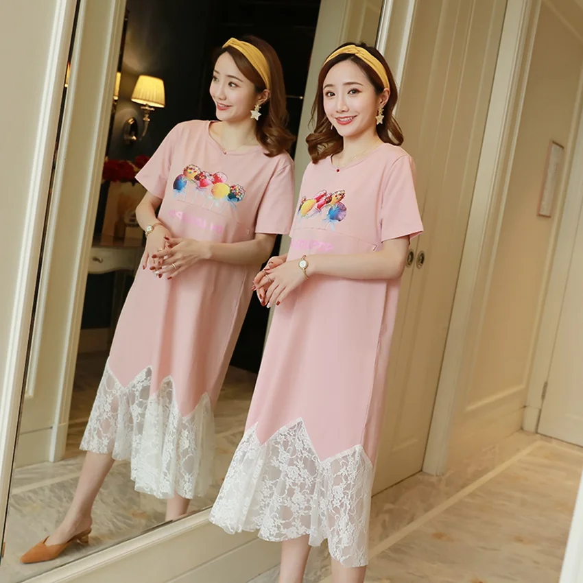 

2019 Korean version of the large size pregnant women out breastfeeding lace print stitching dress fashion pregnancy skirt