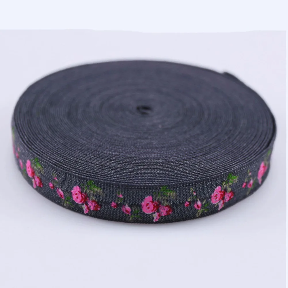 

10 Yard per lot 5/8" rose flower printed FOE Elastic Ribbon for Head wear Hair Accessories 077 charcoal