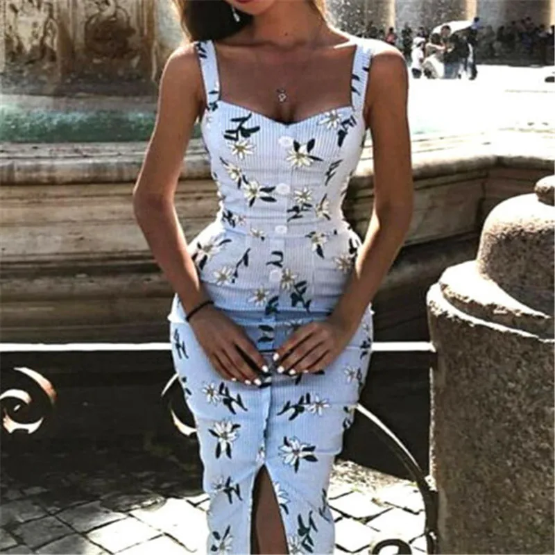 

2019 Summer Fashion Women Dresses Sleeveless Button Bodycon Floral Sundress Summer Midi Dress Femme