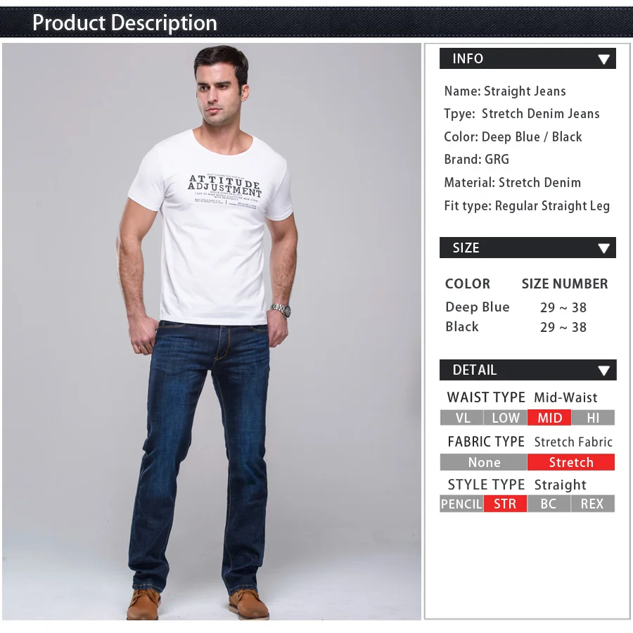 GRG Men's Jeans Classic Straight Fit Stretch Denim Jeans Casual Blue Black Trousers Stretch Long Pants
