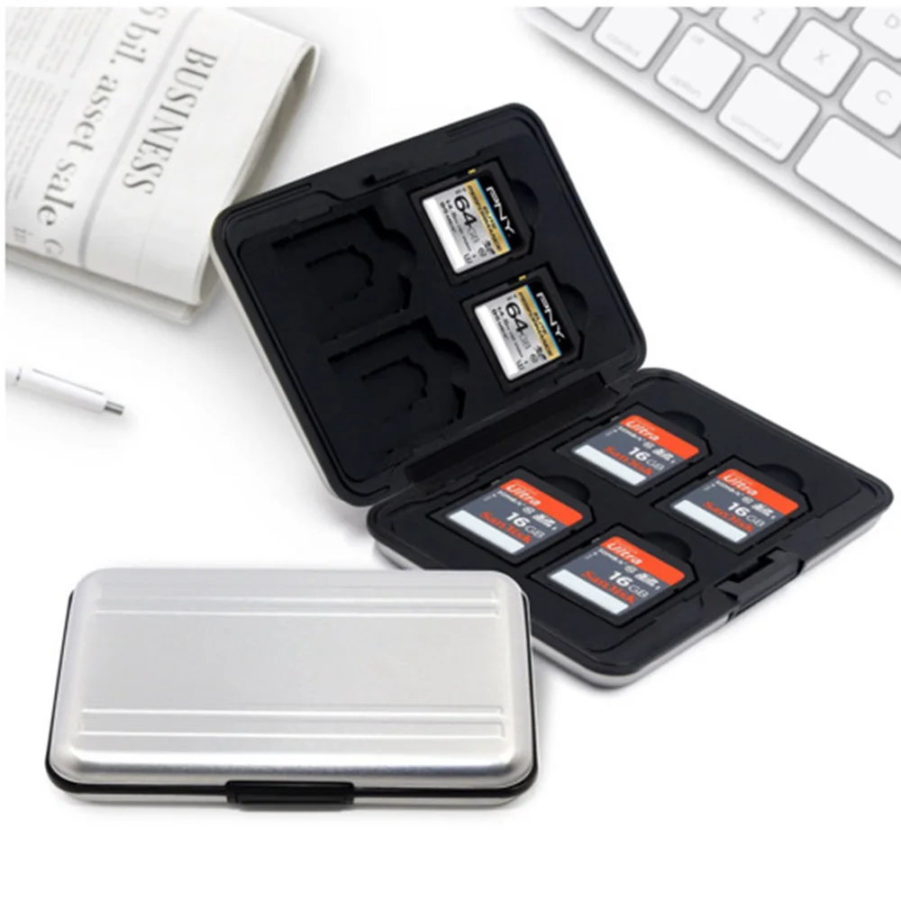 

Portable memory card case anti-lost 16 slots (8 + 8) for Micro SD SD / SDHC / SDXC card memory silver aluminum new card package