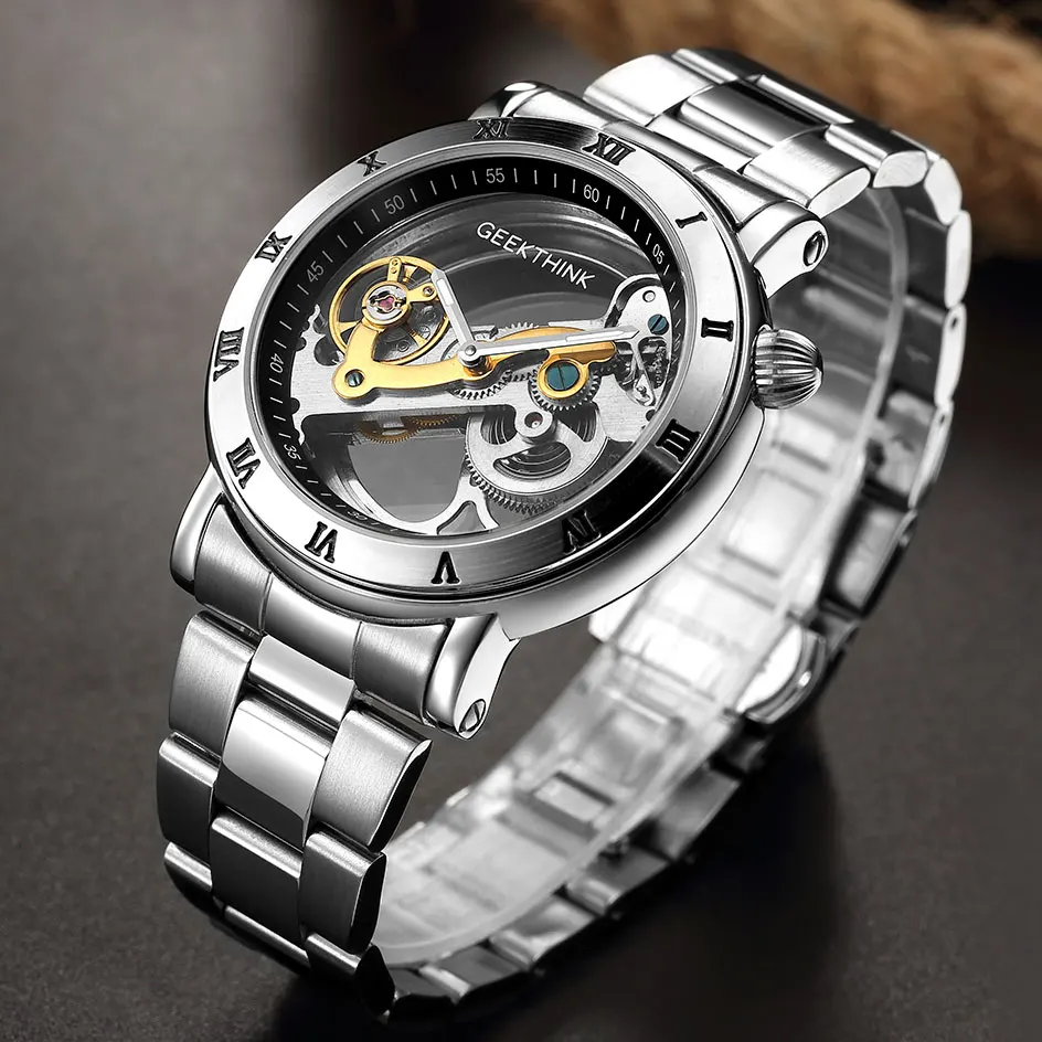 

GEEKTHINK Men Gold Transparent Mechanical Watches Male Self-wind Automatic Watch High Quality Hollow Clock Relojes masculinos
