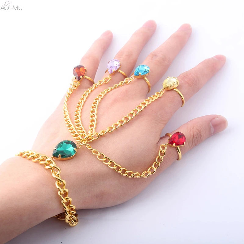 

AOMU New Trendy Colorful Crystal Waterdrop Golden Metal Long Chain Link Bracelet & Bangle Rhinestone Wedding Hand Jewelry