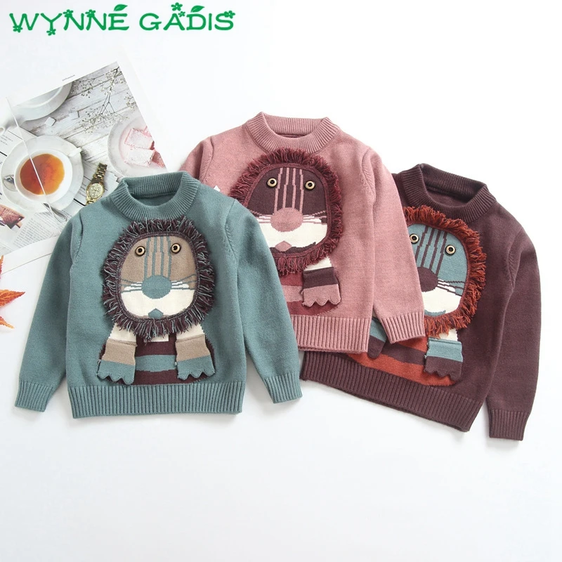 WYNNE GADIS/зимние детские вязаные свитера с длинными рукавами и круглым вырезом с изображением Льва для мальчиков; детские вязаные пуловеры для девочек; roupa infantil