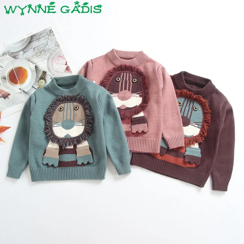 

WYNNE GADIS Winter Children Boys Long Sleeve O Neck Cartoon Lion Knitwear Sweaters Kids Girls Knitted Pullovers roupa infantil