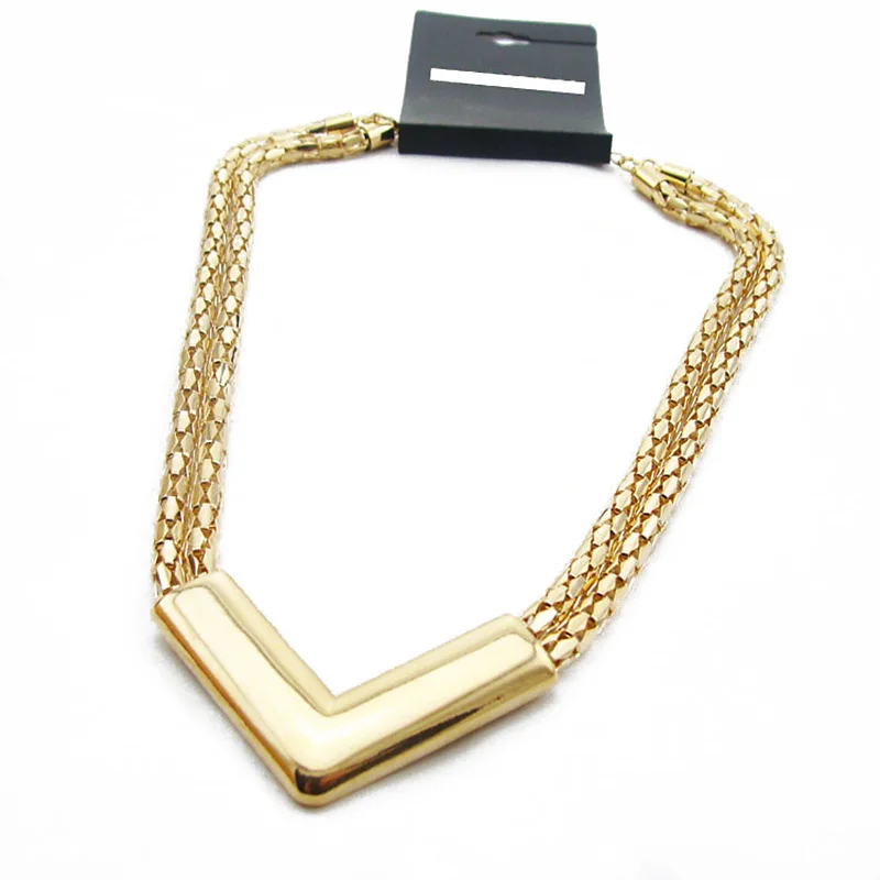 

Necklaces for Women Polished Gold Alloy Metal Layer Double Chain Triangle V Shape Pendant Unique Choker Necklace Fashion Jewelry