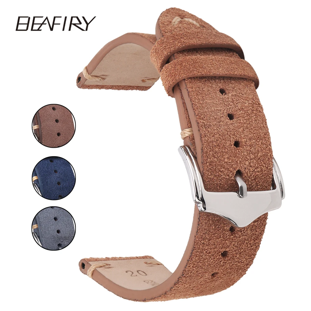 

BEAFIRY Genuine Leather Watch Band 18mm 20mm 22mm Dark brown Dark blue Light brown Grey Suede Leather Watch straps