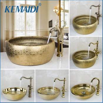 

KEMAIDI New Arrival Bathroom Faucet Round Paint Golden Bowl Sinks / Vessel Basins Washbasin Ceramic Basin Sink & Faucet Tap Set