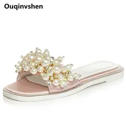 Ouqinvshen Строка из бисера Для женщин Летняя обувь модные Повседневное сладкий вечерние плюс Размеры 33-43 тапочки Для женщин открытый носок