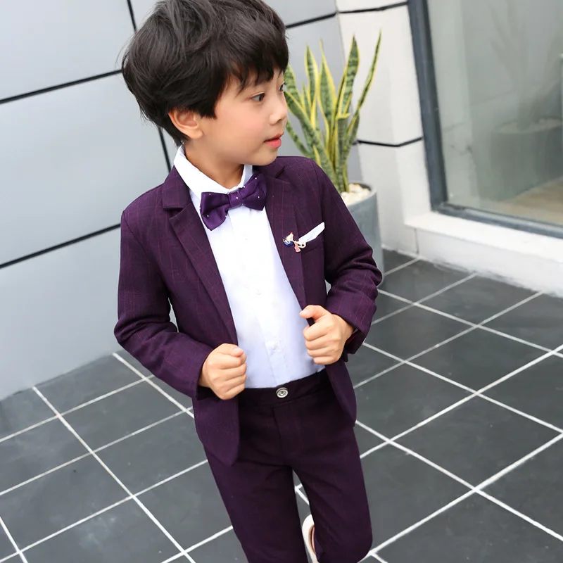 Детские костюмы хорошего качества свадебные костюмы с цветочным узором для мальчиков Детский Блейзер, пальто брюки и рубашка 4 части, отправка галстука-бабочки в подарок, фиолетовый/синий - Цвет: as photo