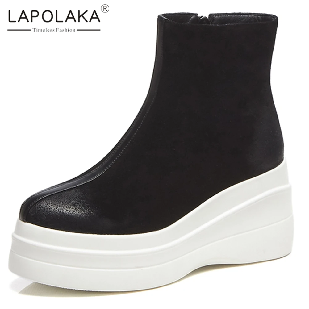 

Lapolaka Concise Cow Suede Ankle Boots Woman Thick Heels Flatform Ankle Boots Women Shoes Woman