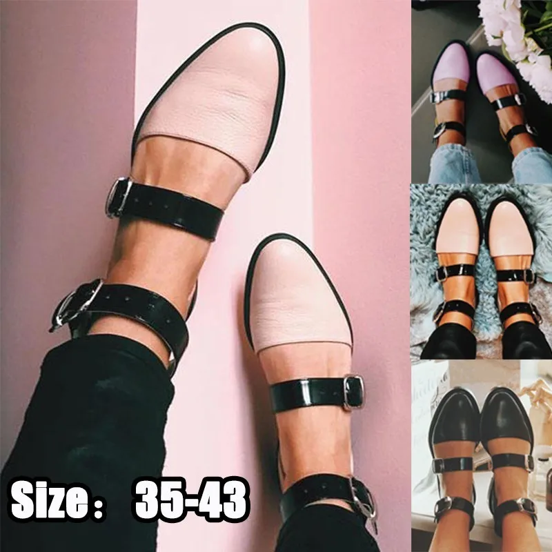 

Women Fashion Sandals PU Leather Round Toe Lolita Shoes Casual Flats Shoes Belt Buckle Pointed Toe Shoes Low Heel Flats Shoes