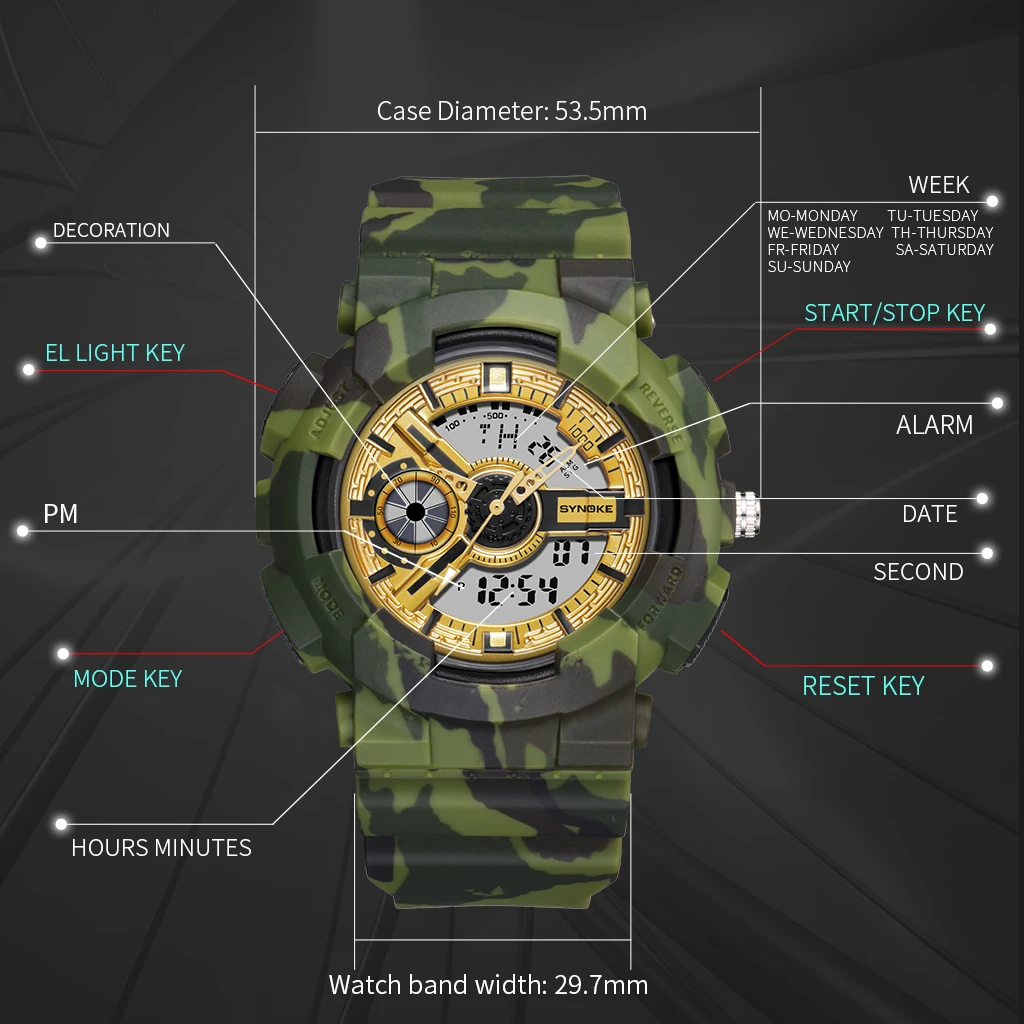 SYNOKE мужские спортивные военные цифровые часы красочные светящиеся