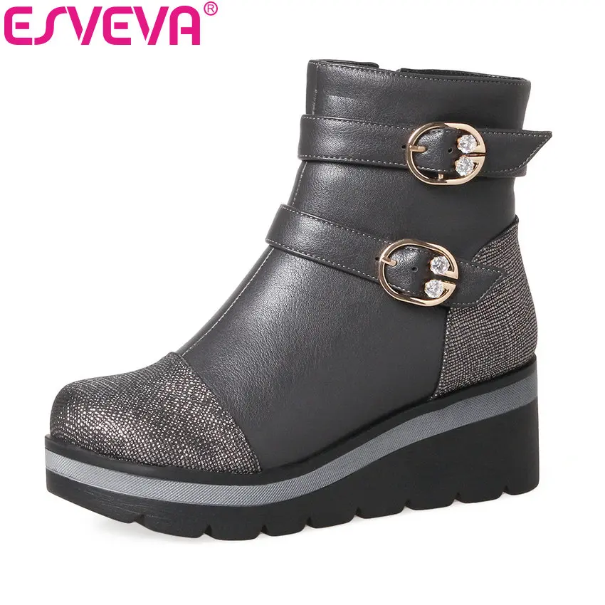 

ESVEVA 2018 Winter Autumn Women Boots Crystal Platform Ankle Boots Square Heel Round Toe Ladies Fashion Boots Black Size 34-39