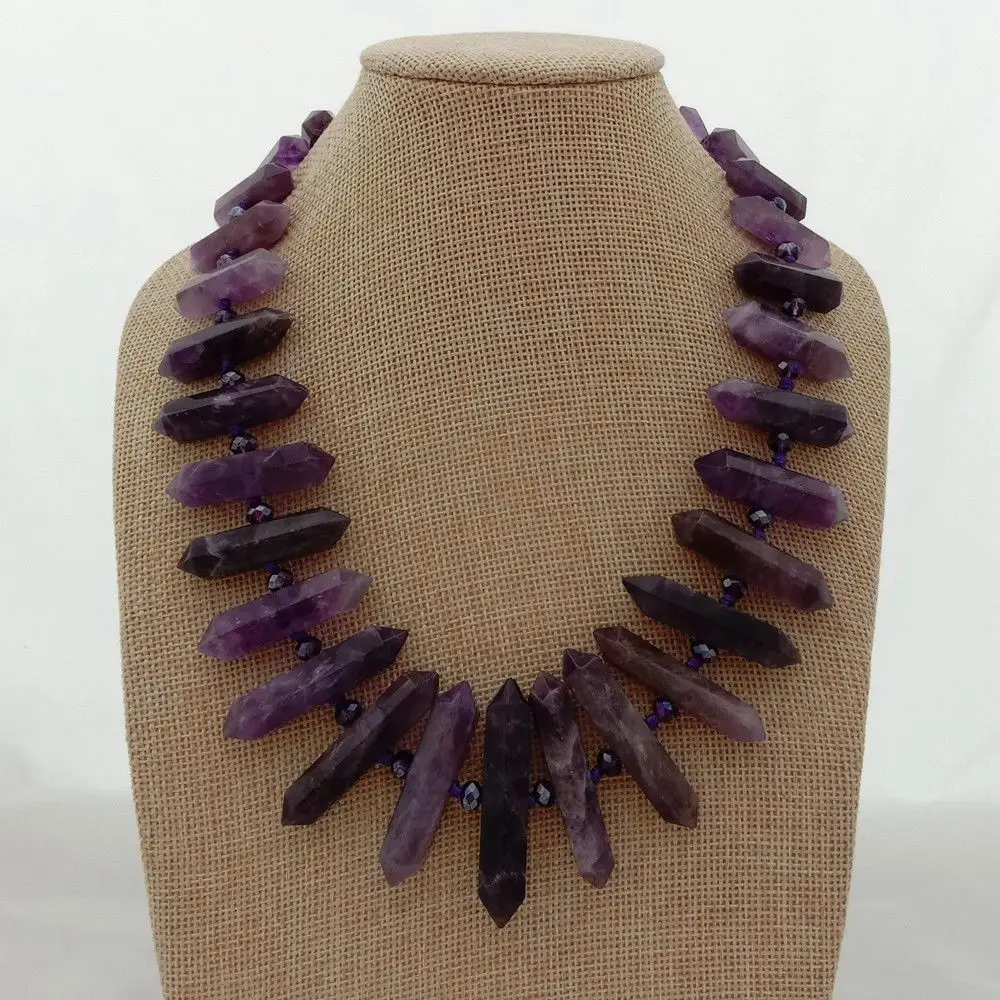 20'' Natural Purple Crystal Double Terminated Pointed Center Drilled Necklacein Pendant