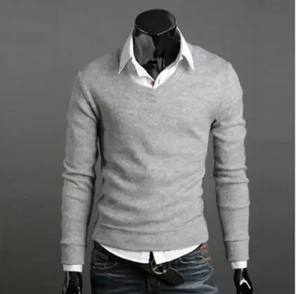 Осень и зима мужские свитера английский Ретро стиль хлопок тонкий свитер мужской v-образным вырезом джемпер - Цвет: Light gray