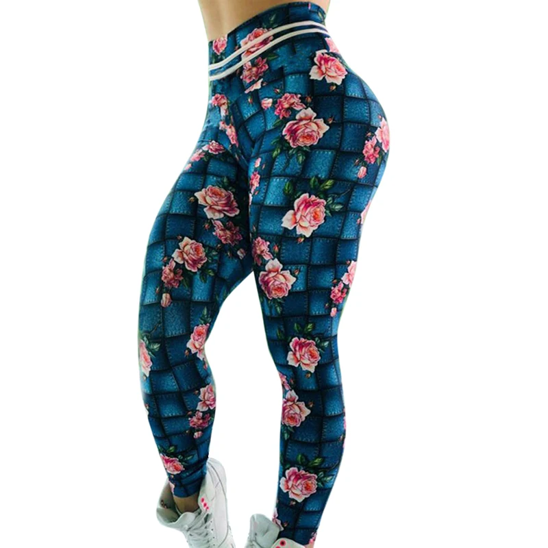blue Горячие Для женщин леггинсы Push Up Штаны с высокой посадкой Slim Fit животик Управление тонкий тренировки брюки для бега быстросохнущая печатных уличная - Цвет: blue