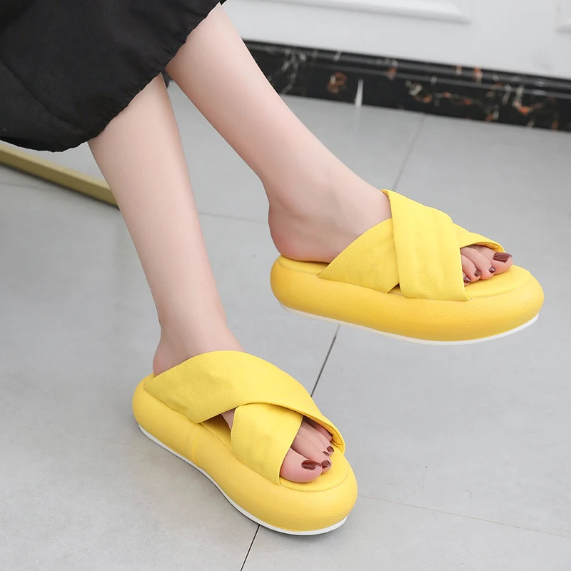 

Chowaring 2018 New Summer Women Flip flops Fashion Slope Thick Bottom Slippers Yellow White Wedges Platform Slippers mid heel
