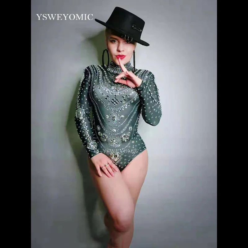 

2019 NEW Black Silver Rhinestones Long Sleeves Bodysuit Women Singer Outfit Stage Wear Birthday Celebrate Bar Nightclub Outfit