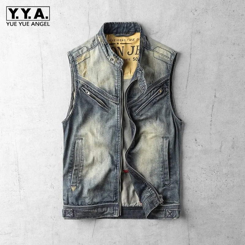 

Spring Summer Sleeveless Denim Coat Vest Men Vintage Work Zipper Jacket Street Style Stand Collar Slim Cowboy Biker Vest 3XL