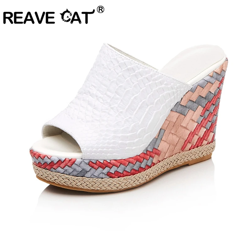 

REAVE CAT Designer Shoes Women Mules Summer 11 cm Stitching High Wedges on Platform Sexy Peep toe Shoes Woman Slides