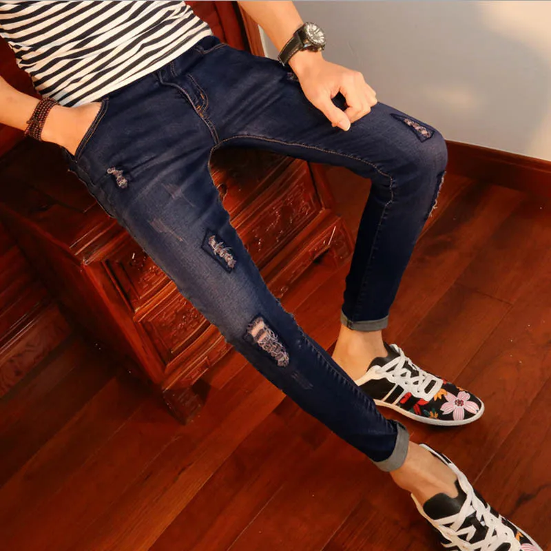New arrival Spring autumn youth Ripped hole Skinny jeans men street wear stretch feet men students teenagers Ankle pencil pants