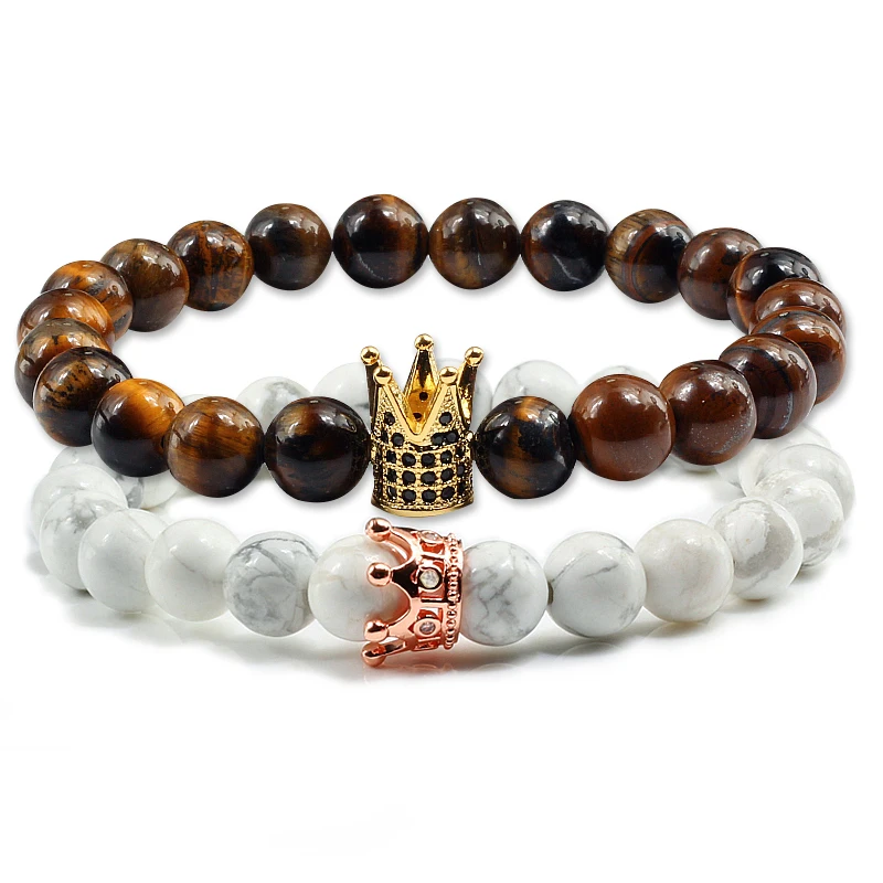 2 Pcs/Set White and Balck Couples Bracelets For Lover His King Her Queen Crown Hand Chains Tiger Eye Charms Mens Yinyang Bangles