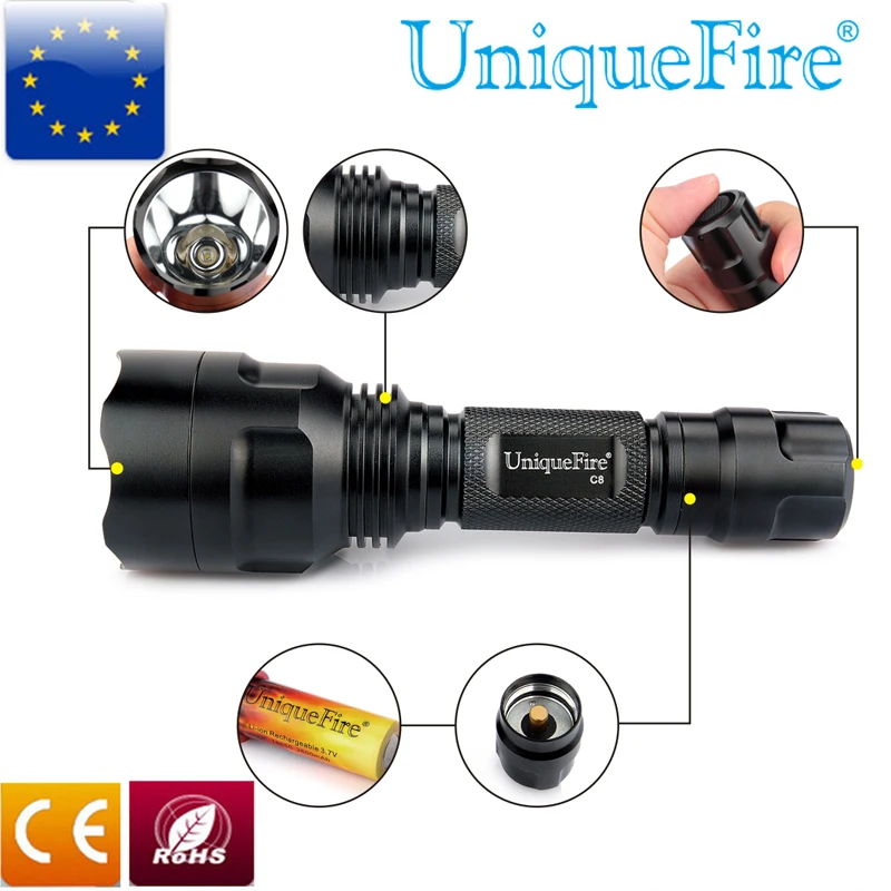 Uniquefire High quality Flashlight 5 Modes 10W UF C8 XML Black Torch 1*