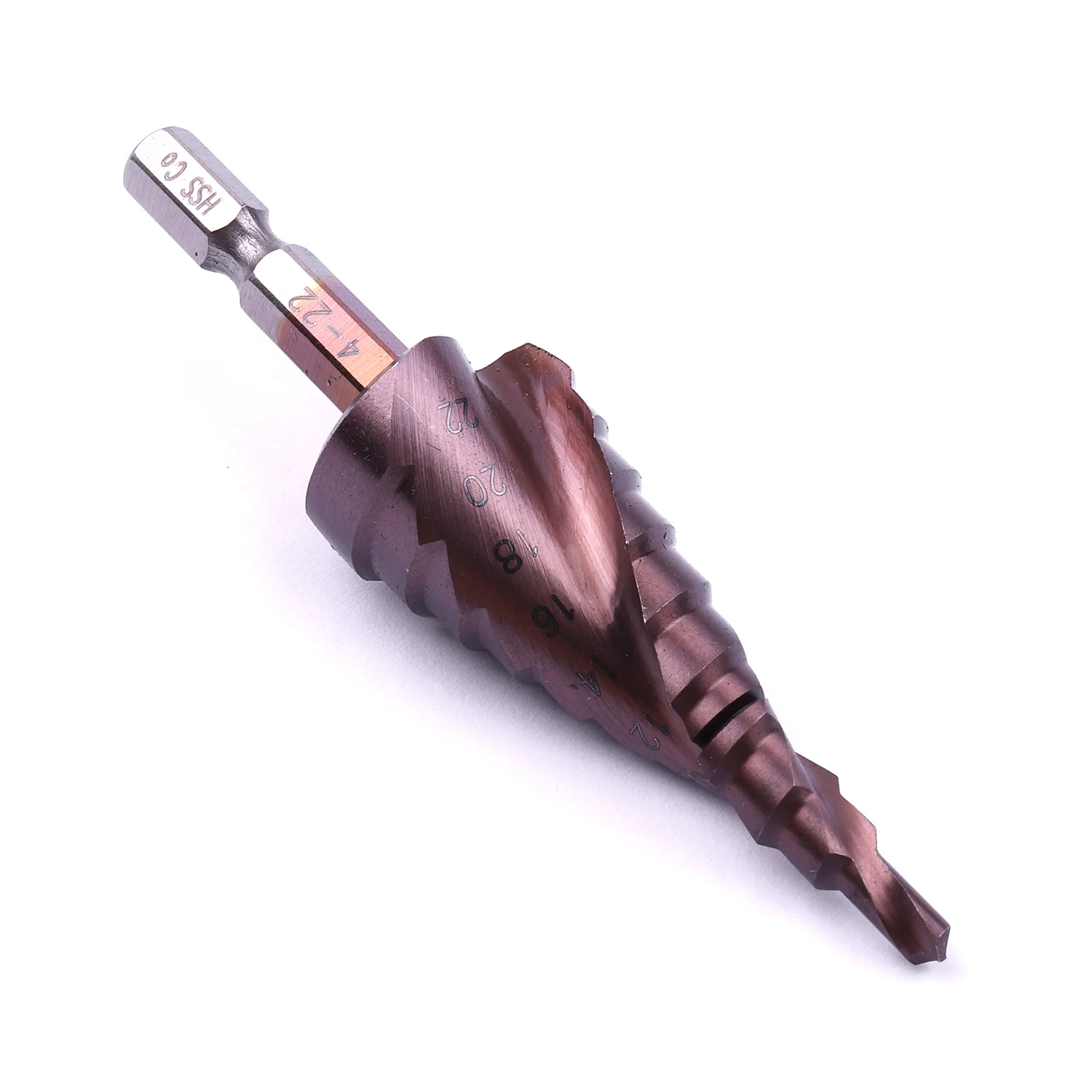 

1x HSS CO Cobalt M35 Spiral Flute Step Drill Bit 1/4" Hex Shank 4-22mm Step Diameter