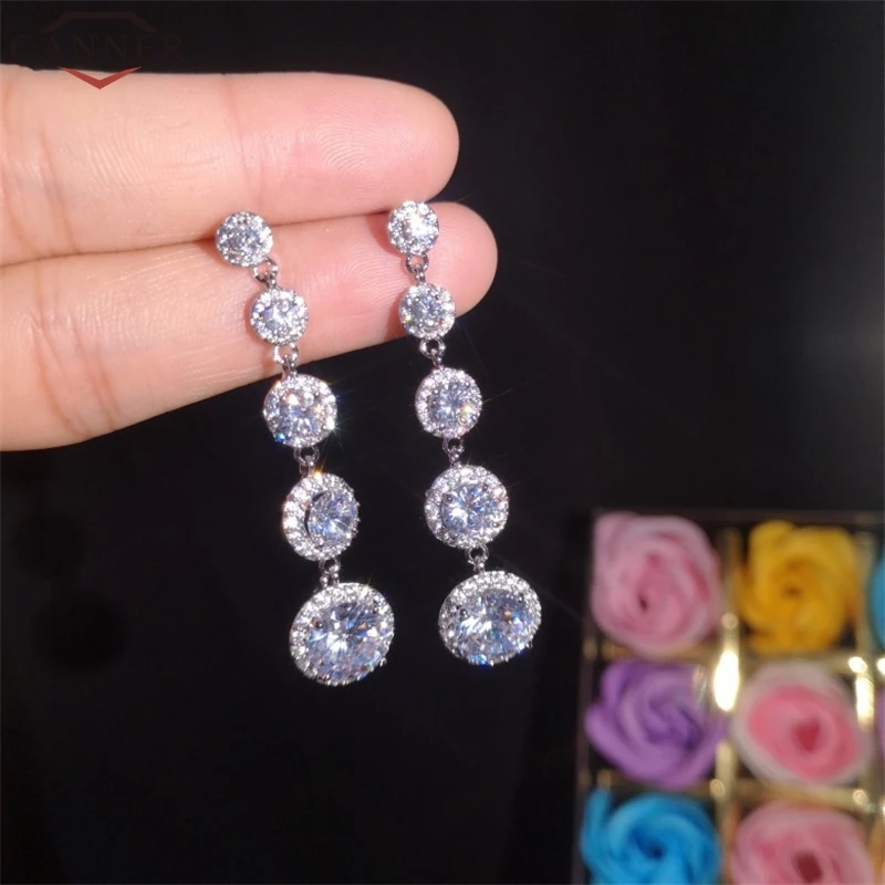 CANNER Luxury Shining Cubic Zirconia Earrings Silver Drop Earrings Long Dangle Earrings for Women Jewellery kolczyki FF