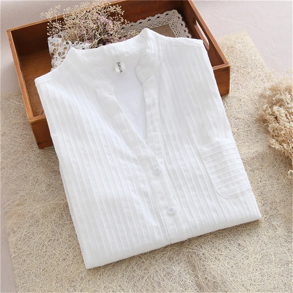 Весна осень хлопок рубашка белая блузка корейский длинный рукав женские блузки рубашки с v-образным вырезом Топы с карманами блузки