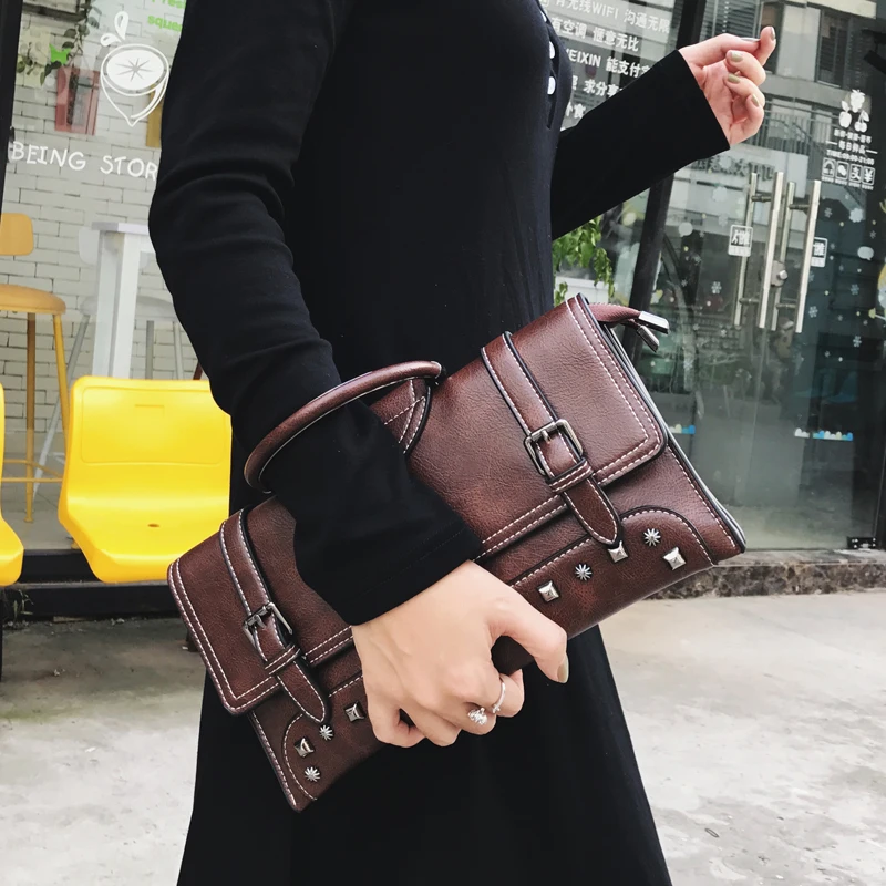 

MJ PU Leather Rivet Women Handbag 2018 New Female Envelope Clutch Retro Fashion Shoulder Bag for Women Leather Messenger Bag