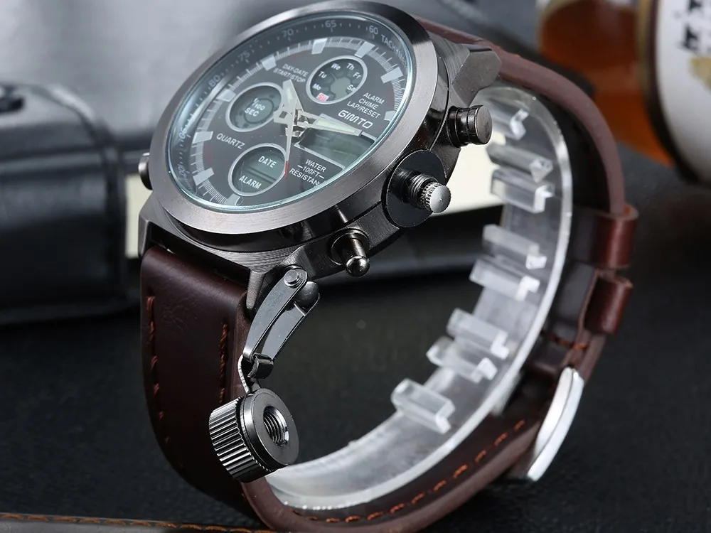 Модные мужские часы Лидирующий бренд GIMTO спортивные часы светодиодный дисплей наручные часы повседневные часы с кожаным ремешком водонепроницаемые часы Montre Homme GM201